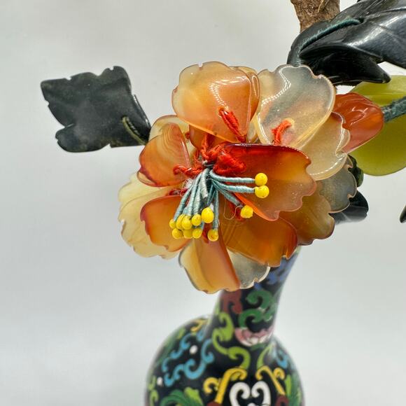 Vintage Chinese cloisonné enamel vase guilloche bird semiprecious flowers tree - Picture 4 of 11